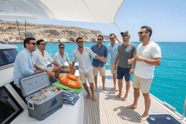 Friends laughing on Malta yacht bachelor party