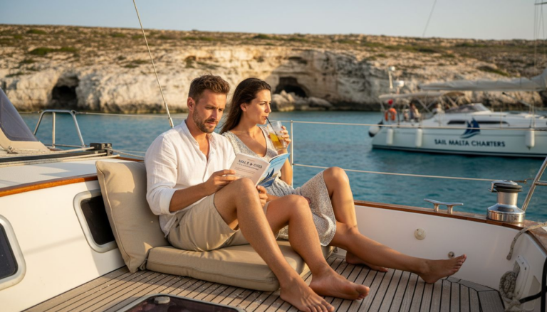 Couple relaxing on Malta yacht deck