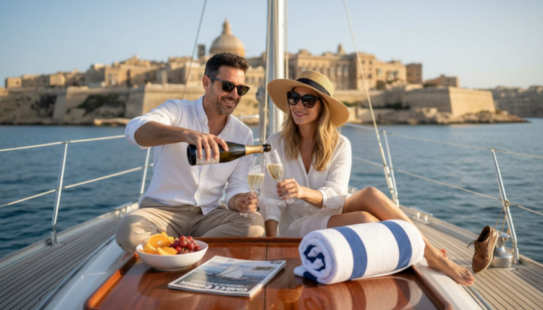 Couple lounging on yacht in Malta harbor