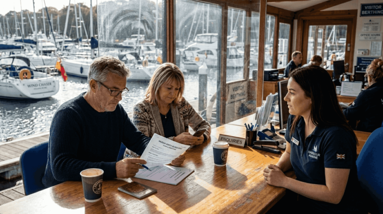 Couple booking private boat at marina office