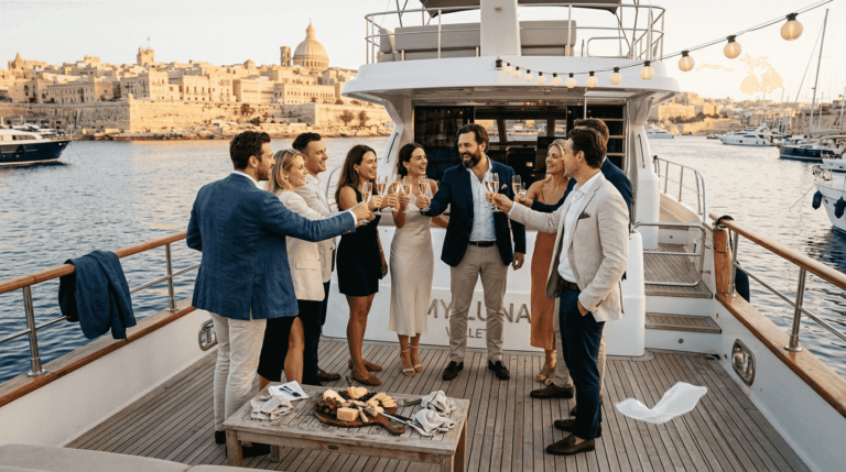 Group celebrating on Malta event boat at sunset