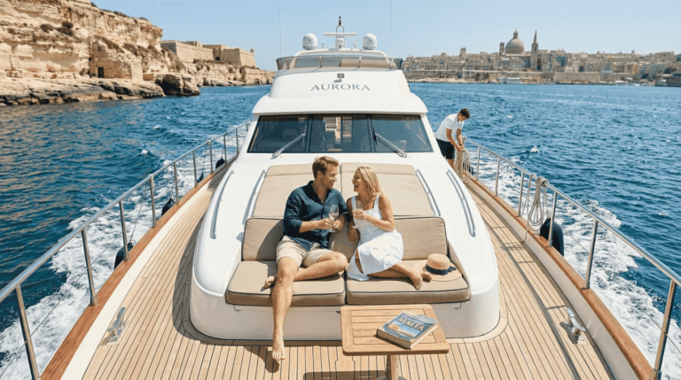 Couple relaxing on luxury yacht off Malta