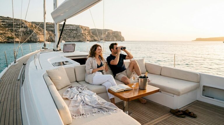 Couple relaxing on yacht at Malta sunset