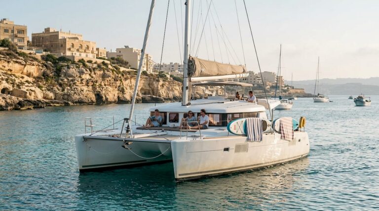 Catamaran sailing along Malta coastline