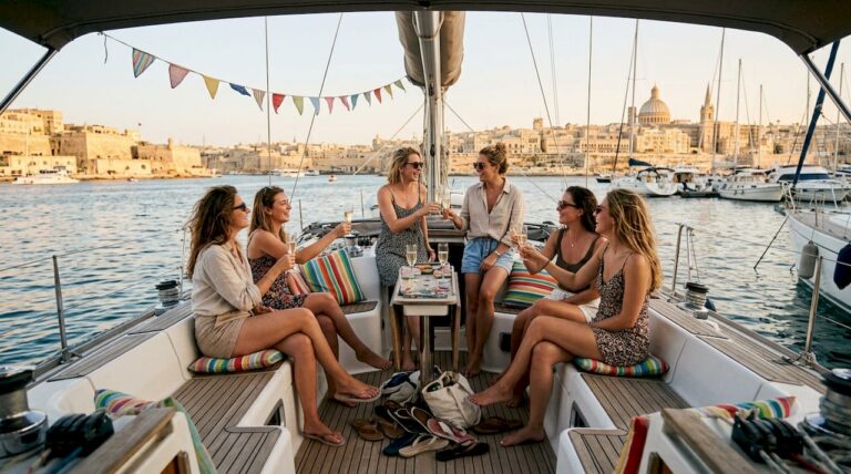 Women enjoying boat party Malta
