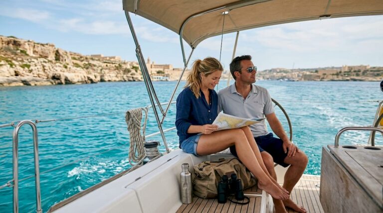 Couple relaxing on sailing yacht near Malta coast