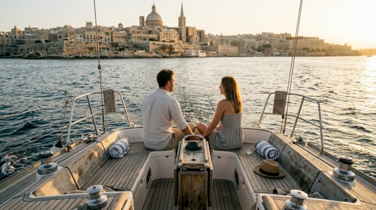Couple enjoying sunset yacht cruise in Malta
