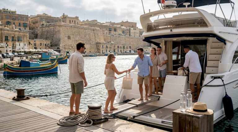 Group boarding yacht in Valletta harbor