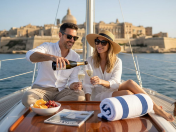 Couple lounging on yacht in Malta harbor
