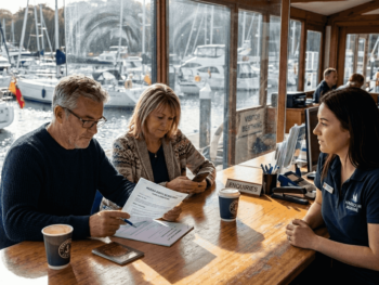 Couple booking private boat at marina office