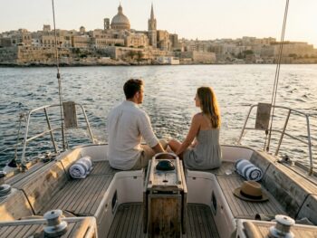 Couple enjoying sunset yacht cruise in Malta